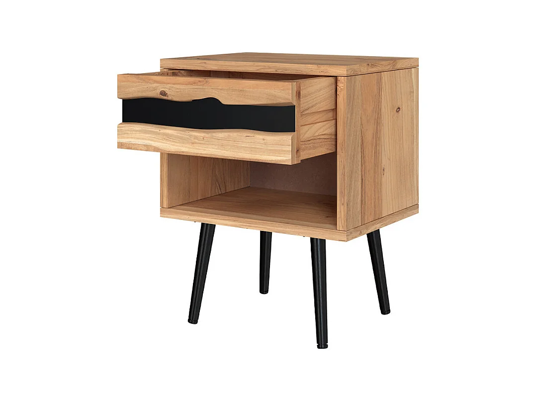 Comodino in legno d'acacia e metallo, 1 cassetto e 1 nicchia - Alabama