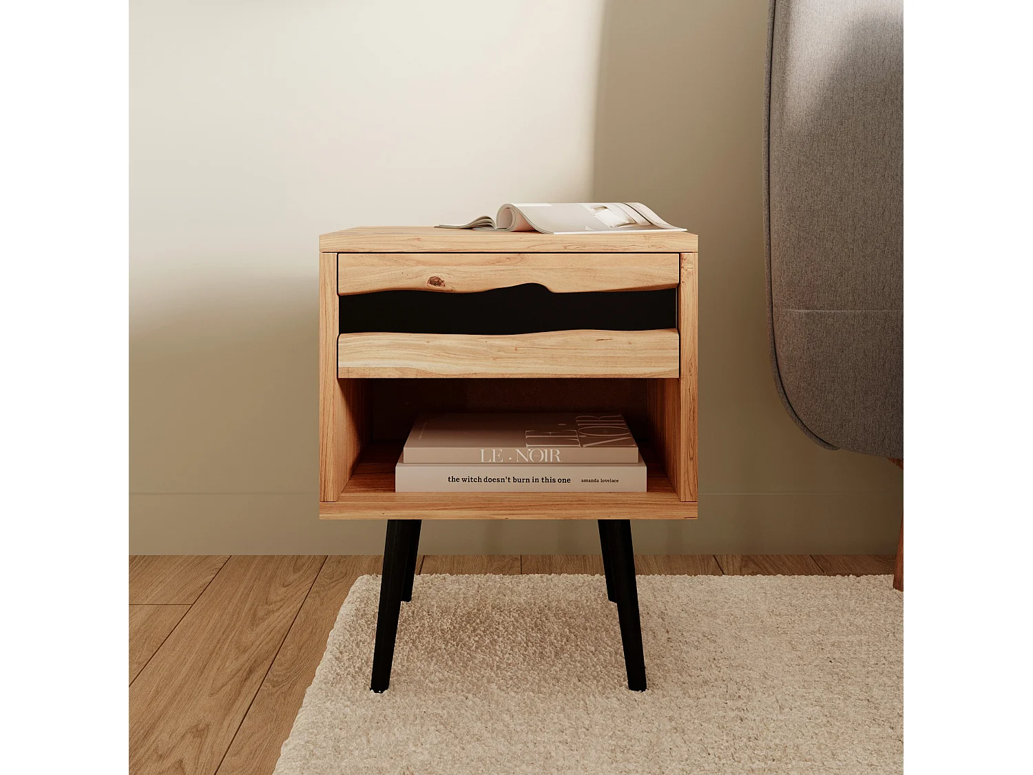 Table de chevet en bois d'acacia et métal, 1 tiroir et 1 niche - Alabama