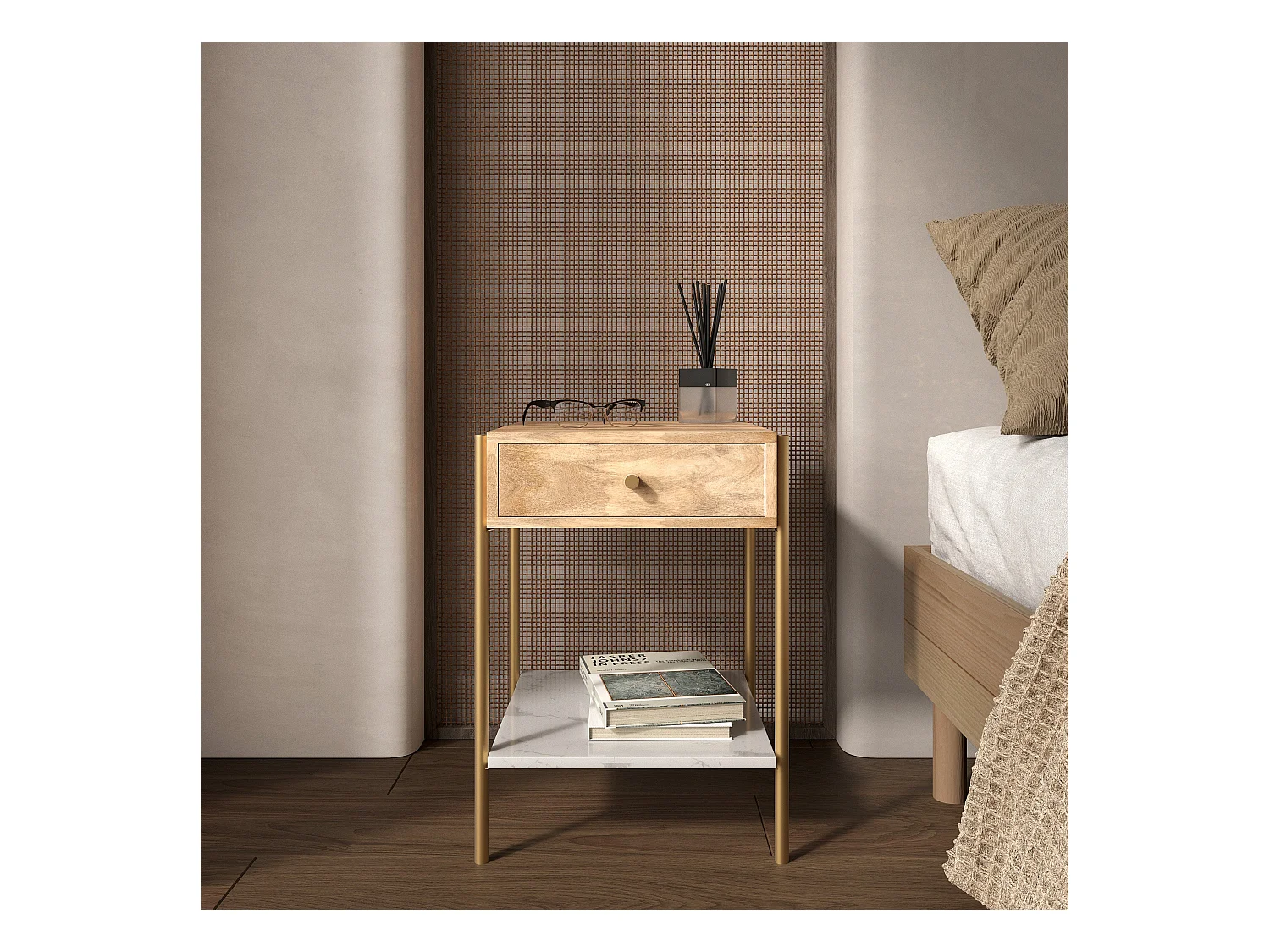 Comodino a cassetto in legno di mango e marmo - Doori