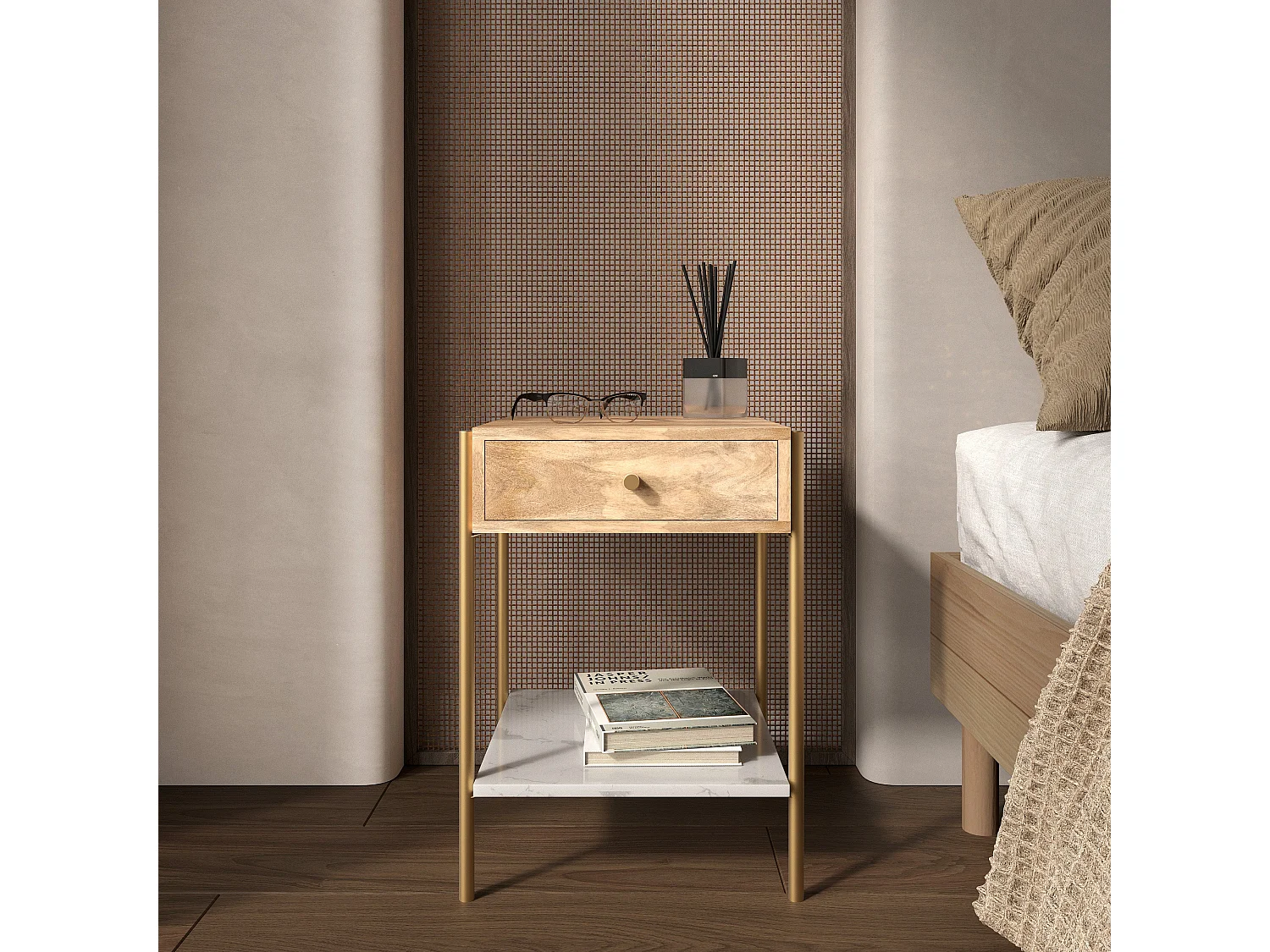 Comodino a cassetto in legno di mango e marmo - Doori