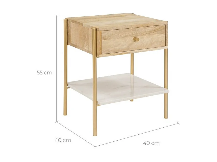 Table de chevet 1 tiroir en bois de manguier et marbre - Doori