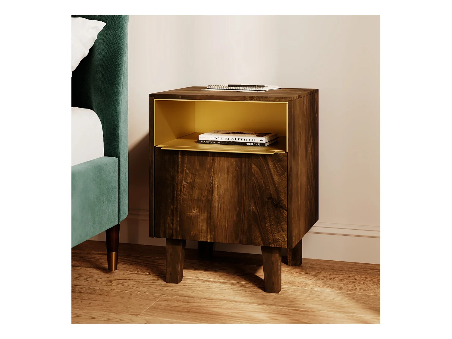 Comodino con 1 cassetto e 1 anta in legno e metallo - Taiko