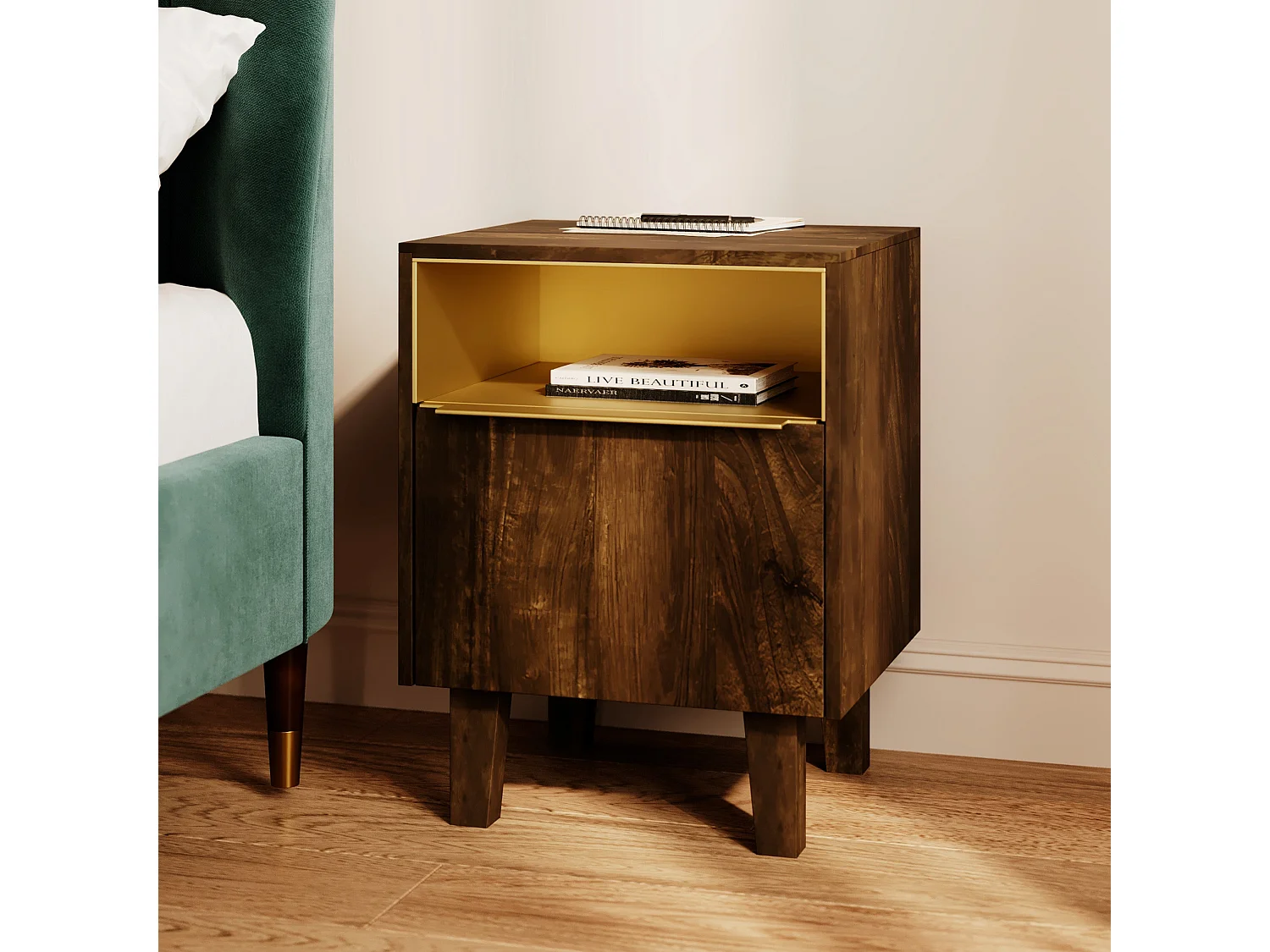 Comodino con 1 cassetto e 1 anta in legno e metallo - Taiko