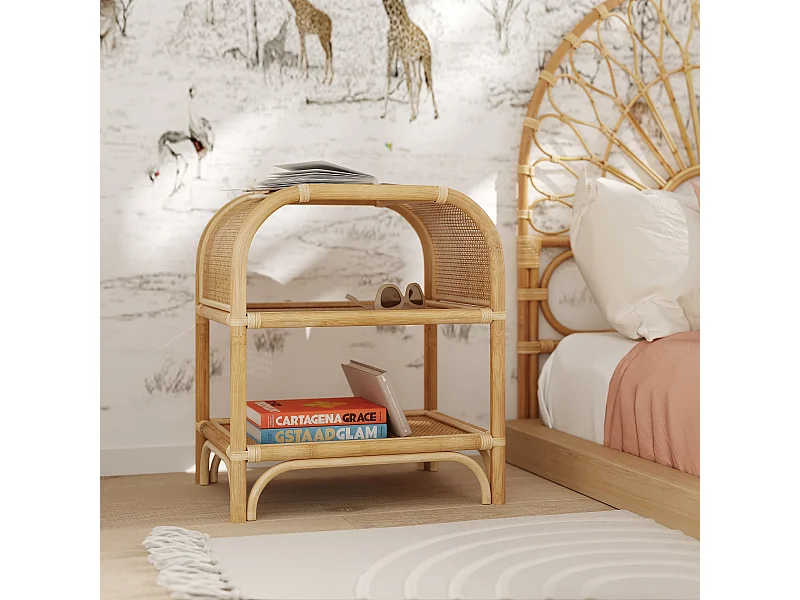 Table de chevet avec étagères en rotin - Gaspy