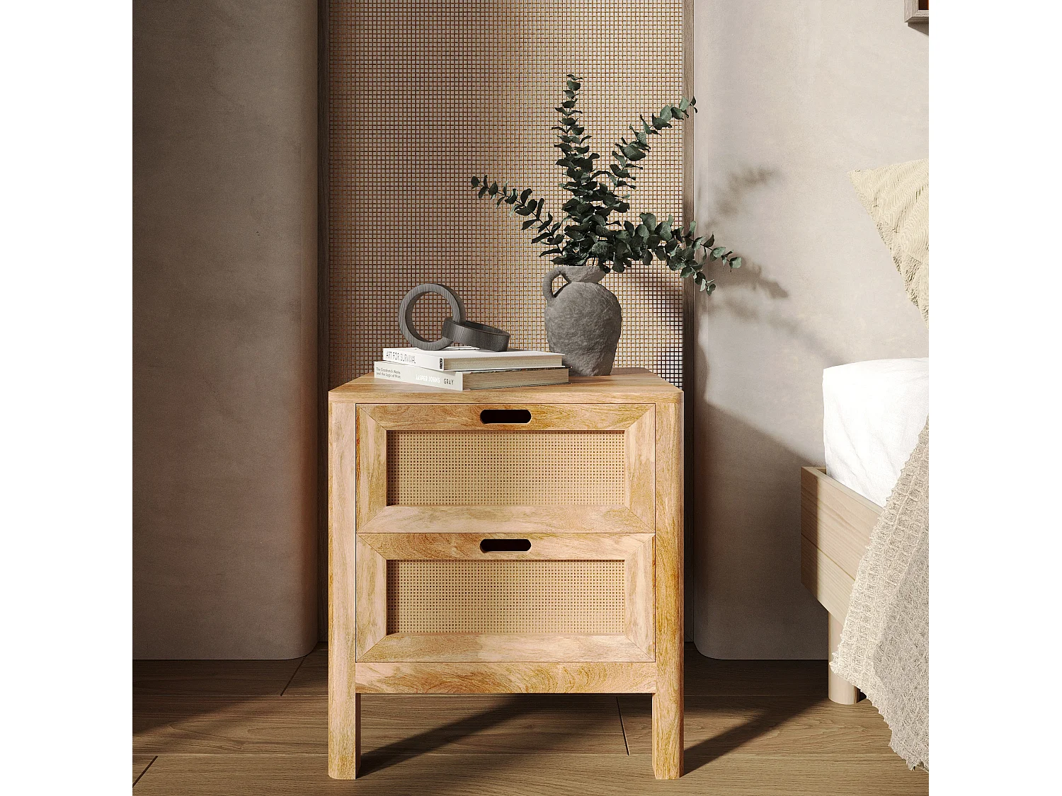 Table de chevet 2 tiroirs en bois de manguier et cannage - Félix