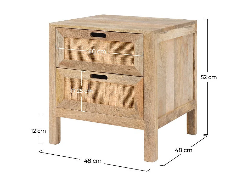 Table de chevet 2 tiroirs en bois de manguier et cannage - Félix