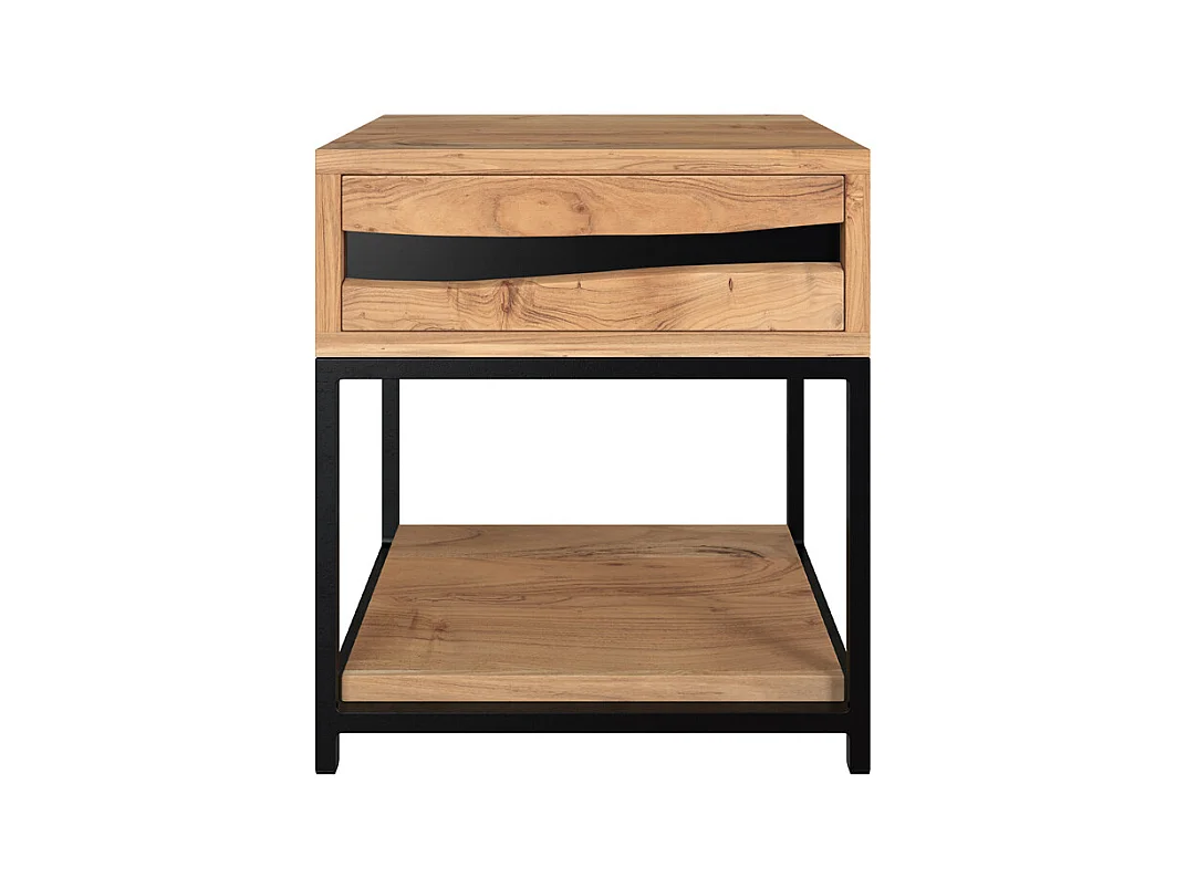 Comodino in legno d'acacia e metallo, 1 cassetto e 1 ripiano - Alabama