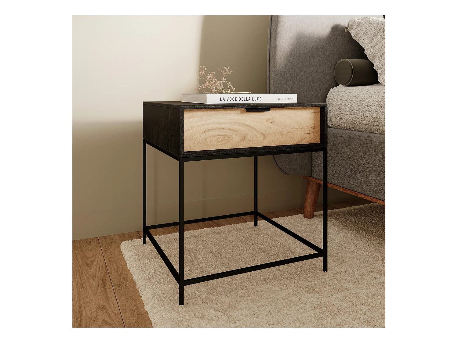 Comodino a 1 cassetto in legno d'acacia e metallo nero - Jakson