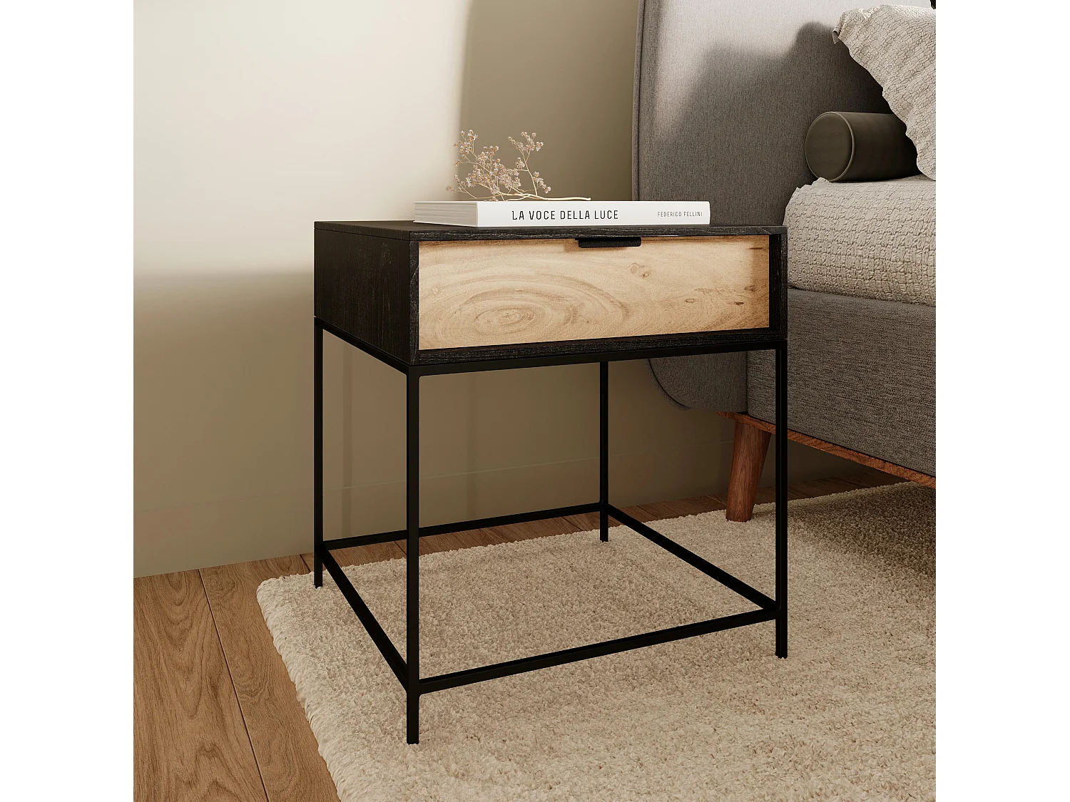 Table de chevet 1 tiroir en bois d'acacia et métal noir - Jakson