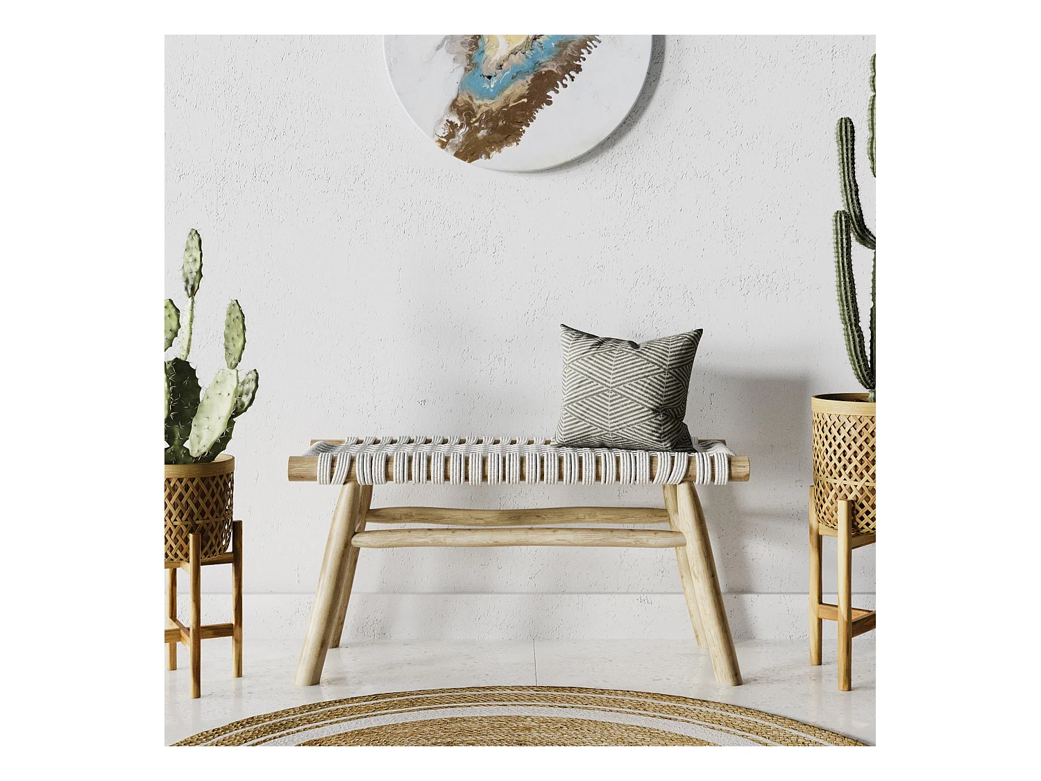 Banco de 2 plazas de 90 cm tejido de macramé y rama de teca - Kira