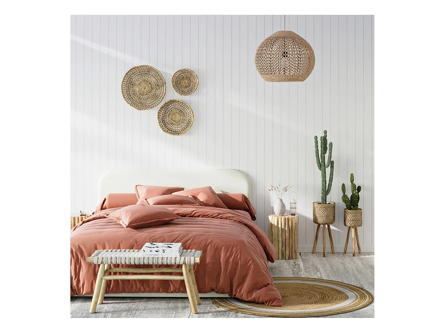 Banco de 2 plazas de 90 cm tejido de macramé y rama de teca - Kira