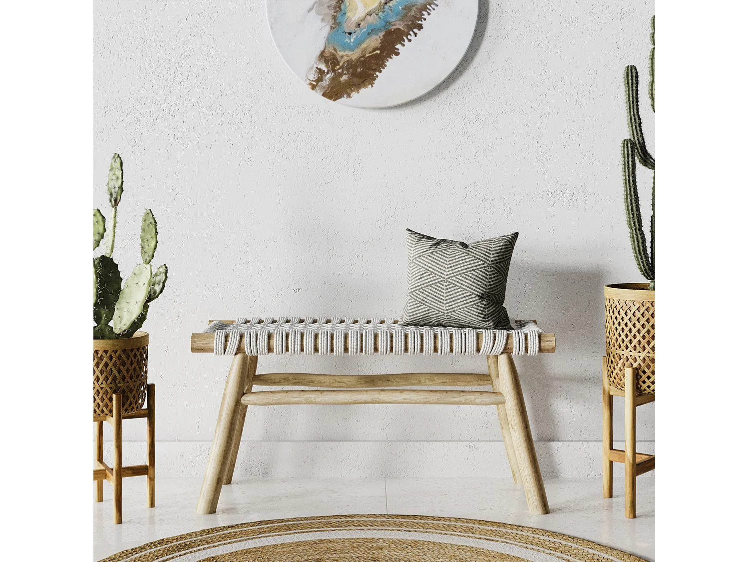 Banc 2 places 90 cm tressé en macramé et branche de teck - Kira