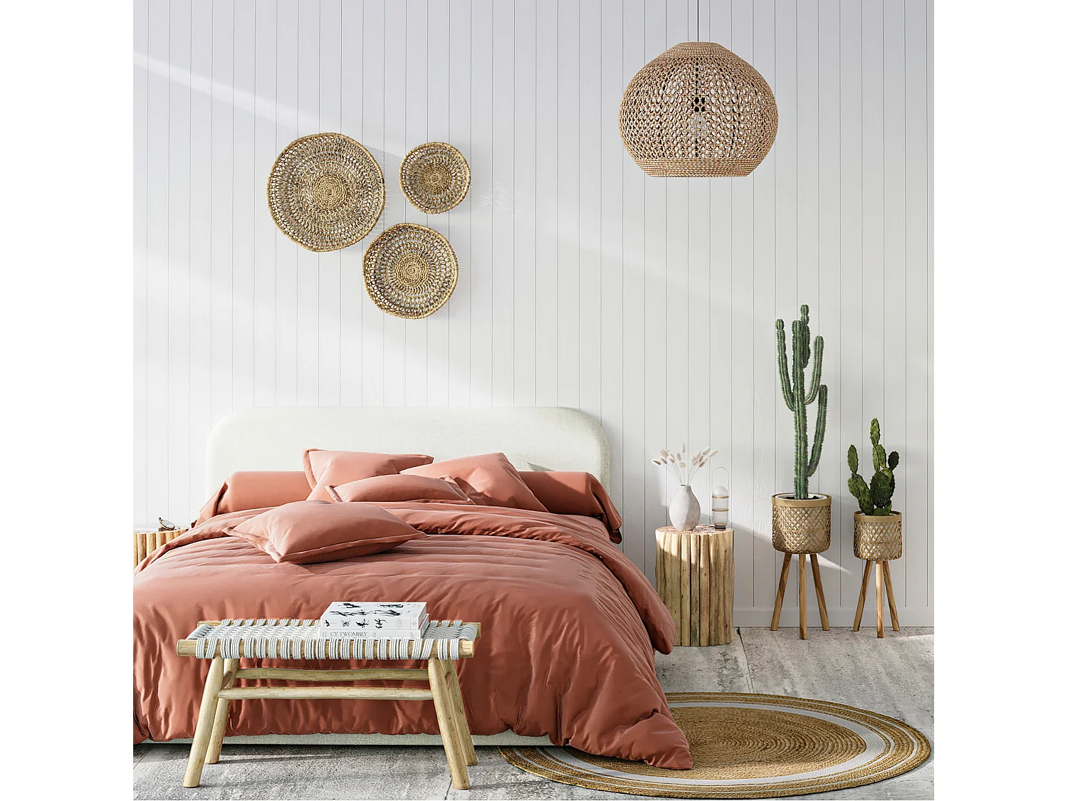 Banc 2 places 90 cm tressé en macramé et branche de teck - Kira