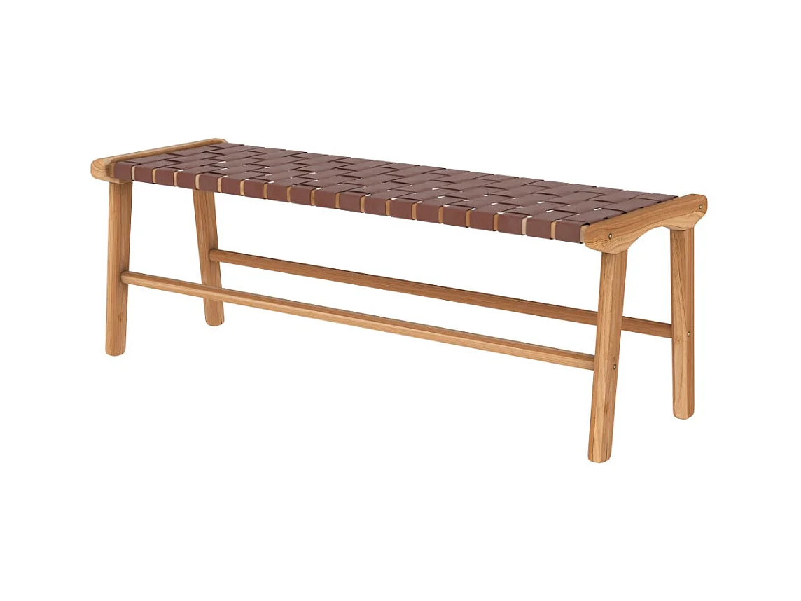 Banc 120 cm en cuir tressé marron et bois de teck - Kuna
