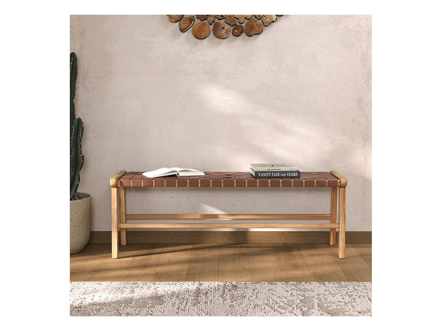 Banc 120 cm en cuir tressé marron et bois de teck - Kuna