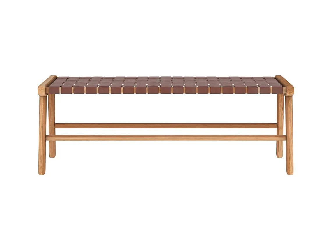 Banc 120 cm en cuir tressé marron et bois de teck - Kuna