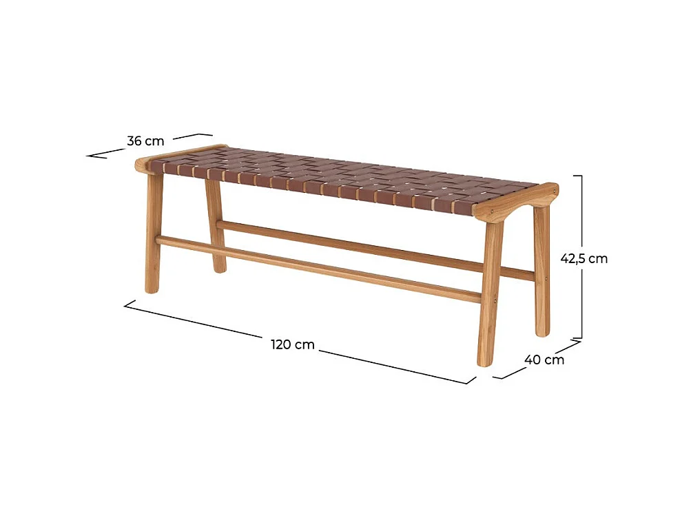 Banc 120 cm en cuir tressé marron et bois de teck - Kuna