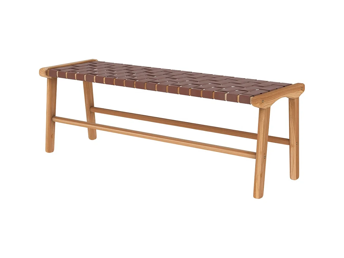 Banc 120 cm en cuir tressé marron et bois de teck - Kuna
