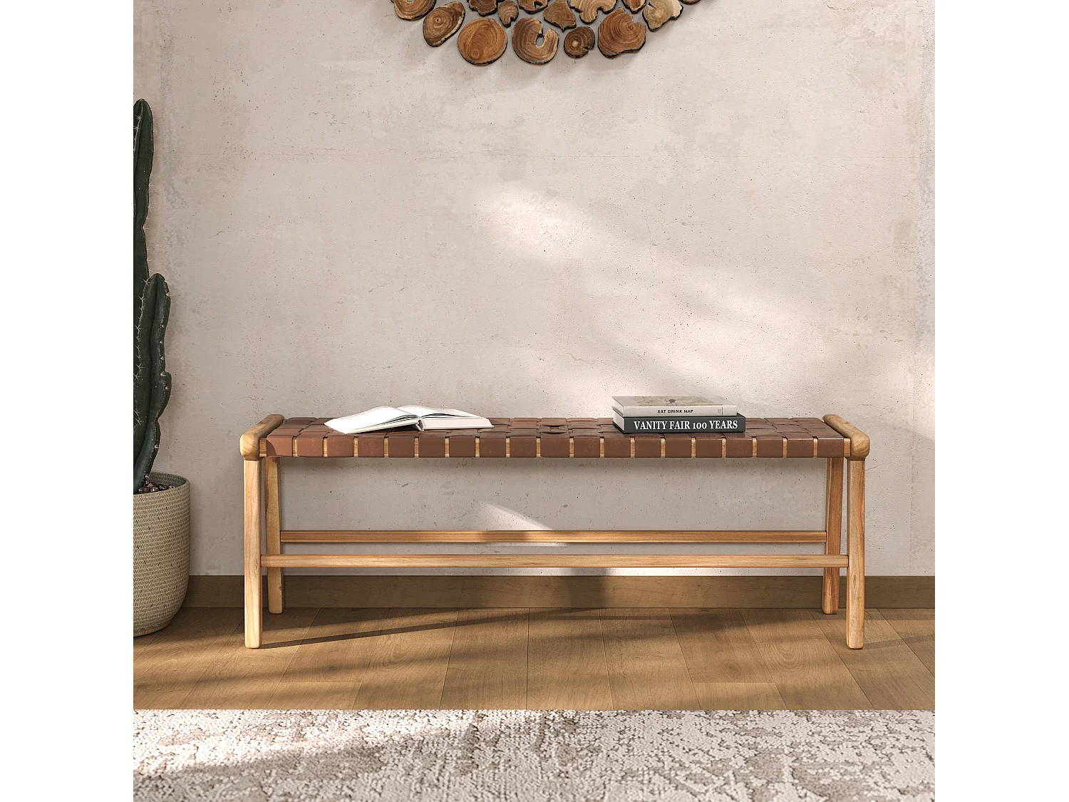 Banc 120 cm en cuir tressé marron et bois de teck - Kuna