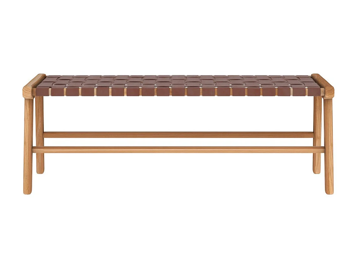 Banc 120 cm en cuir tressé marron et bois de teck - Kuna