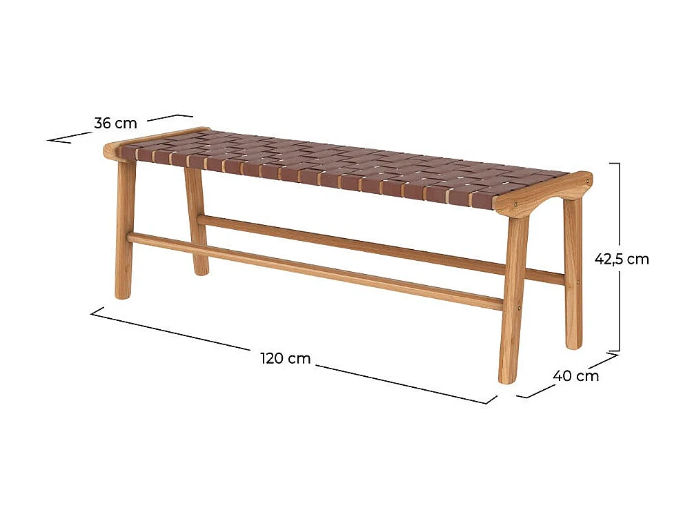 Banc 120 cm en cuir tressé marron et bois de teck - Kuna
