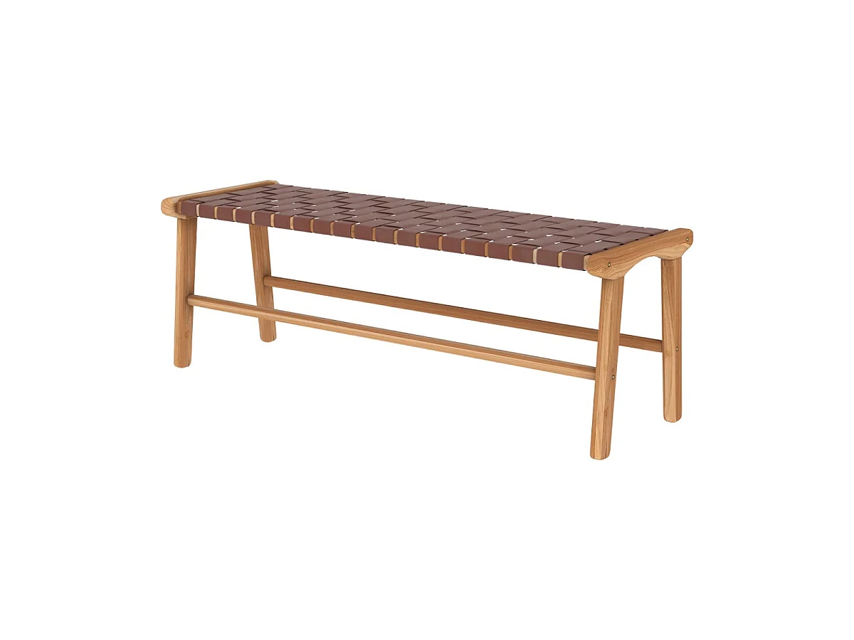 Banc 120 cm en cuir tressé marron et bois de teck - Kuna