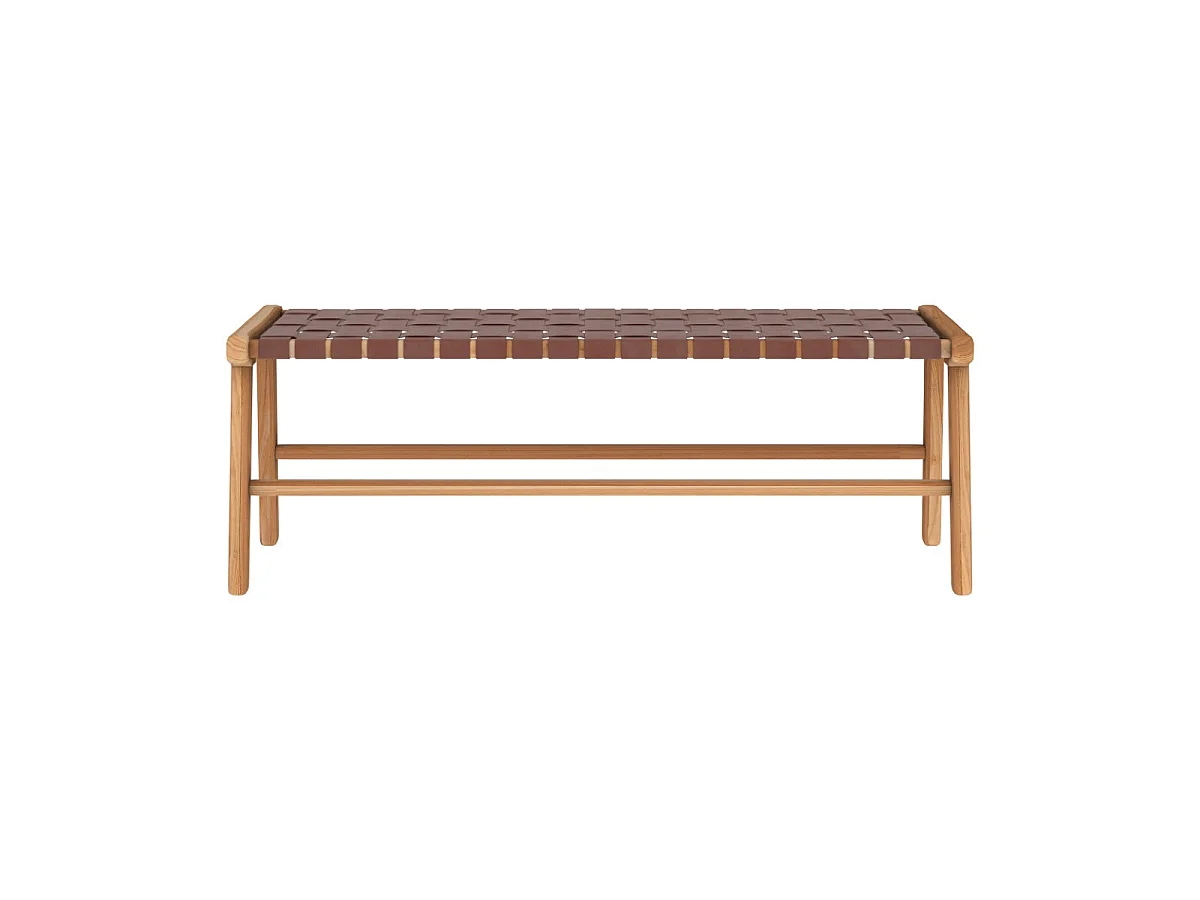 Banc 120 cm en cuir tressé marron et bois de teck - Kuna