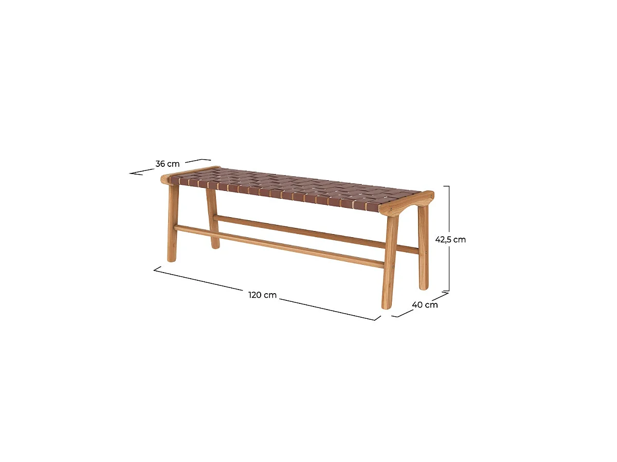Banc 120 cm en cuir tressé marron et bois de teck - Kuna
