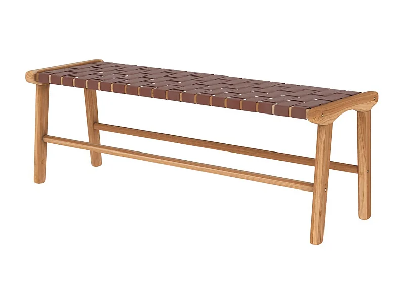 Banc 120 cm en cuir tressé marron et bois de teck - Kuna