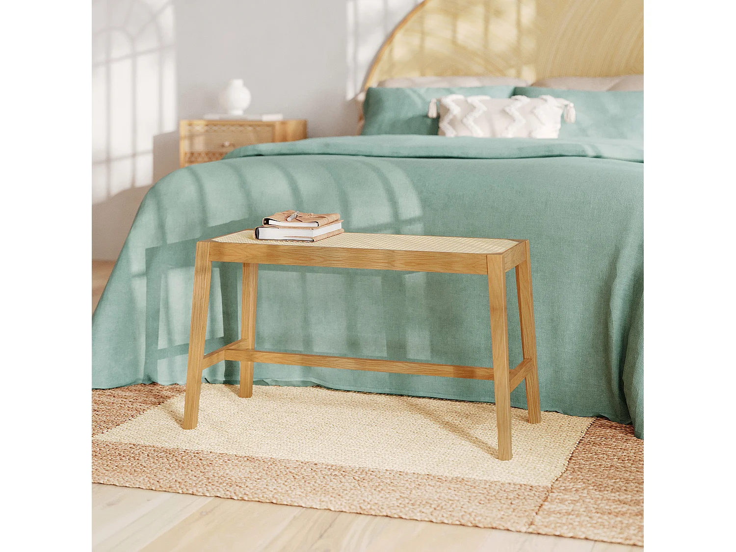 Banc 2 places en bois de chêne massif et cannage - Kappa