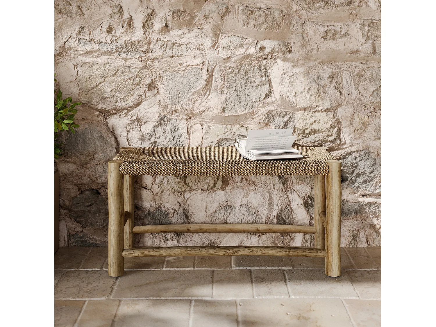 Panchina a 2 posti 90 cm in giunco marino e ramo di teak - Jovan