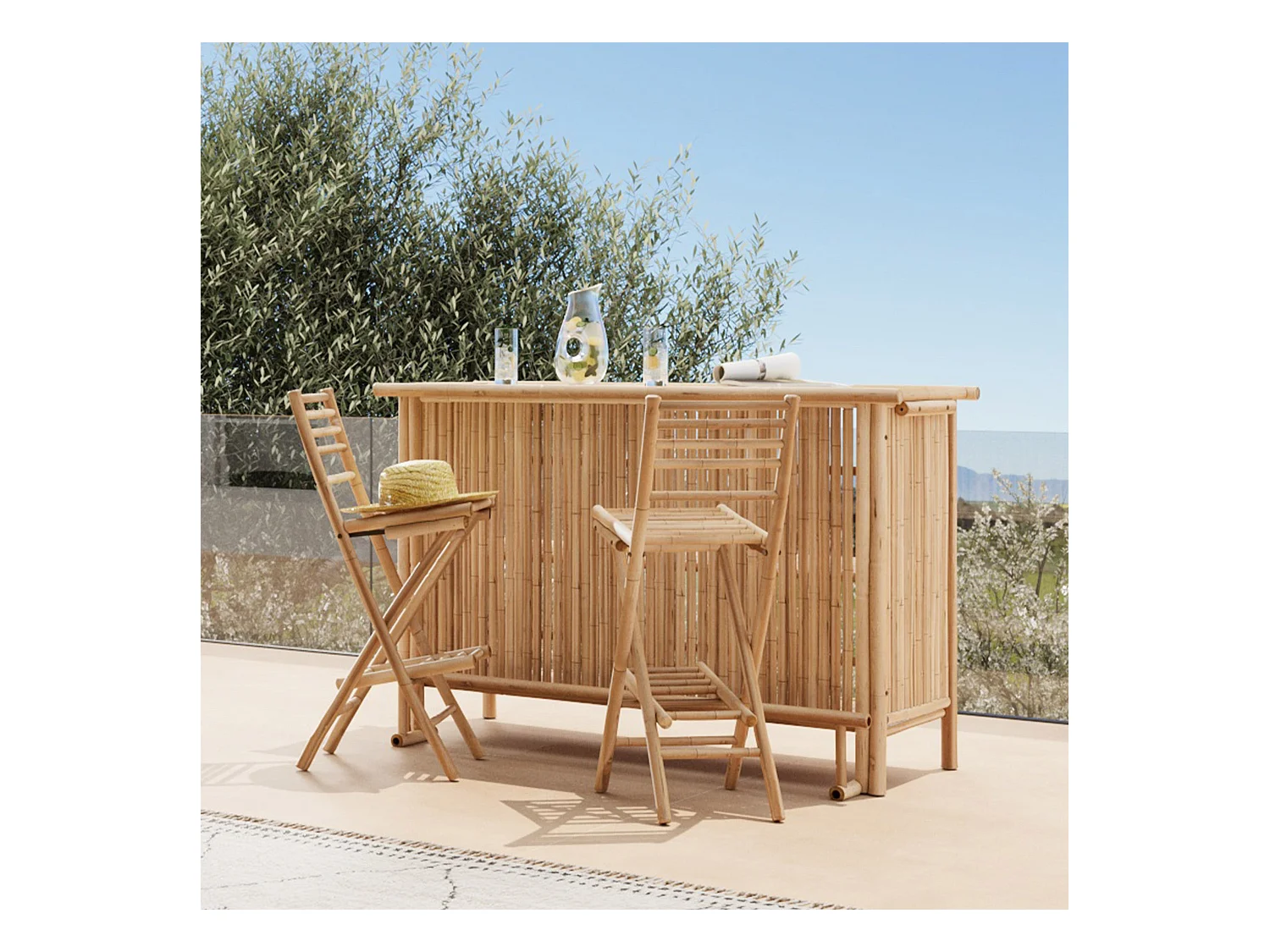 Ensemble bar et chaise de bar de jardin en bambou (lot de 2) - Vadella