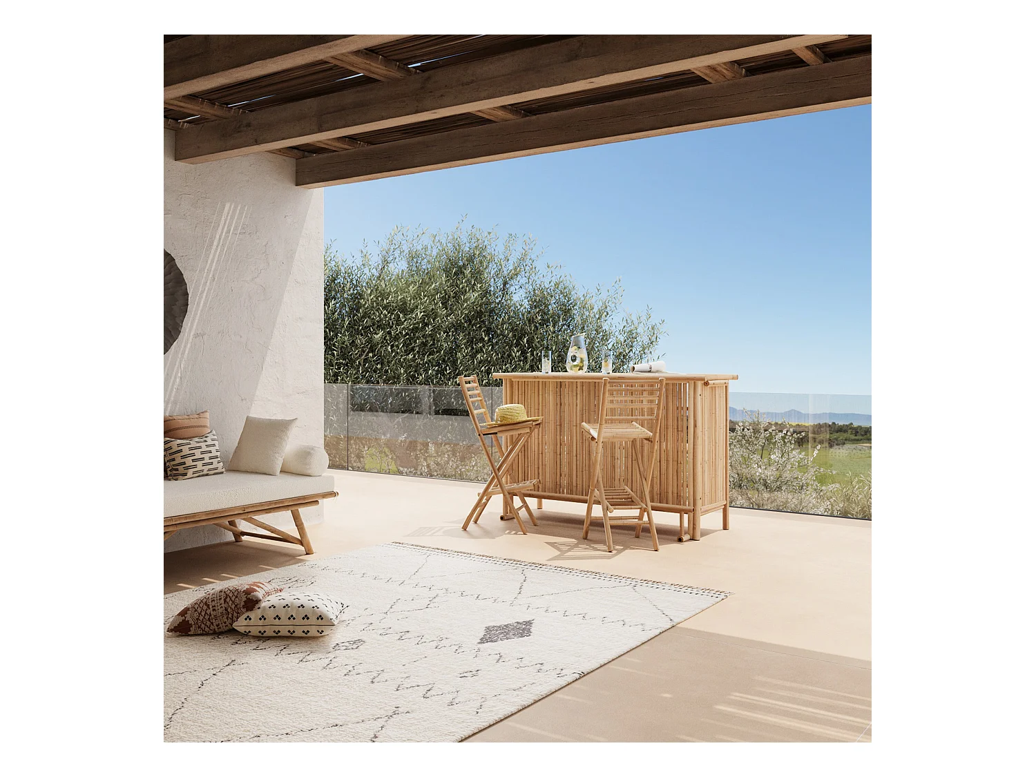 Ensemble bar et chaise de bar de jardin en bambou (lot de 2) - Vadella