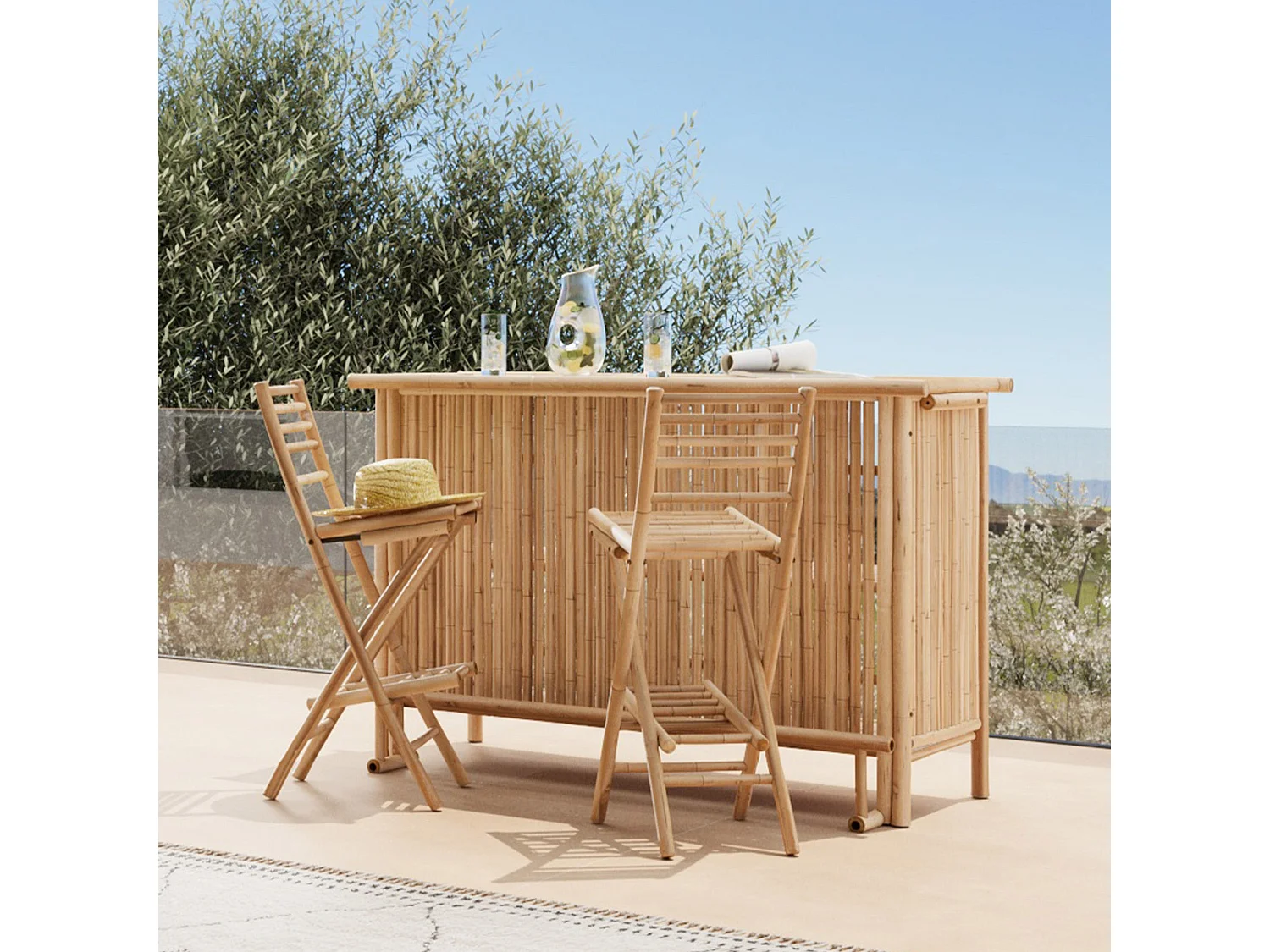 Ensemble bar et chaise de bar de jardin en bambou (lot de 2) - Vadella