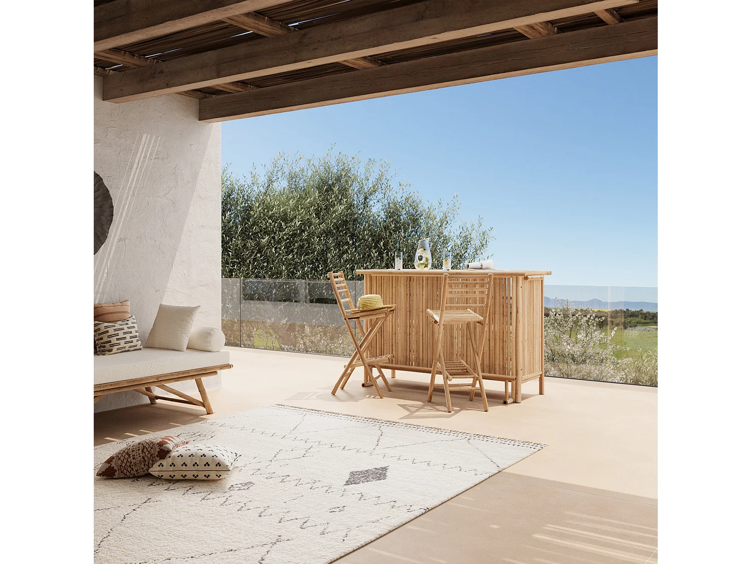 Ensemble bar et chaise de bar de jardin en bambou (lot de 2) - Vadella