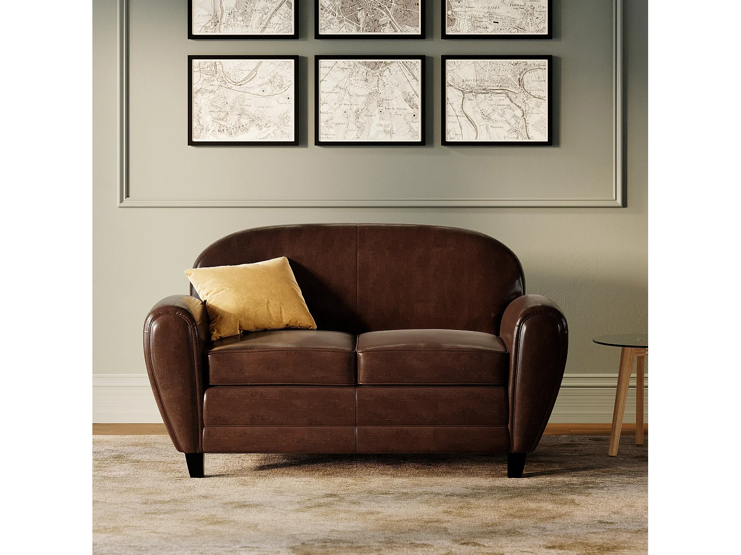 Canapé 2 places marron en croute de cuir enduite - Club