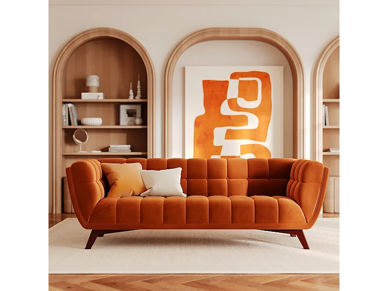 Canapé 3 places en velours orange curcuma - Mona