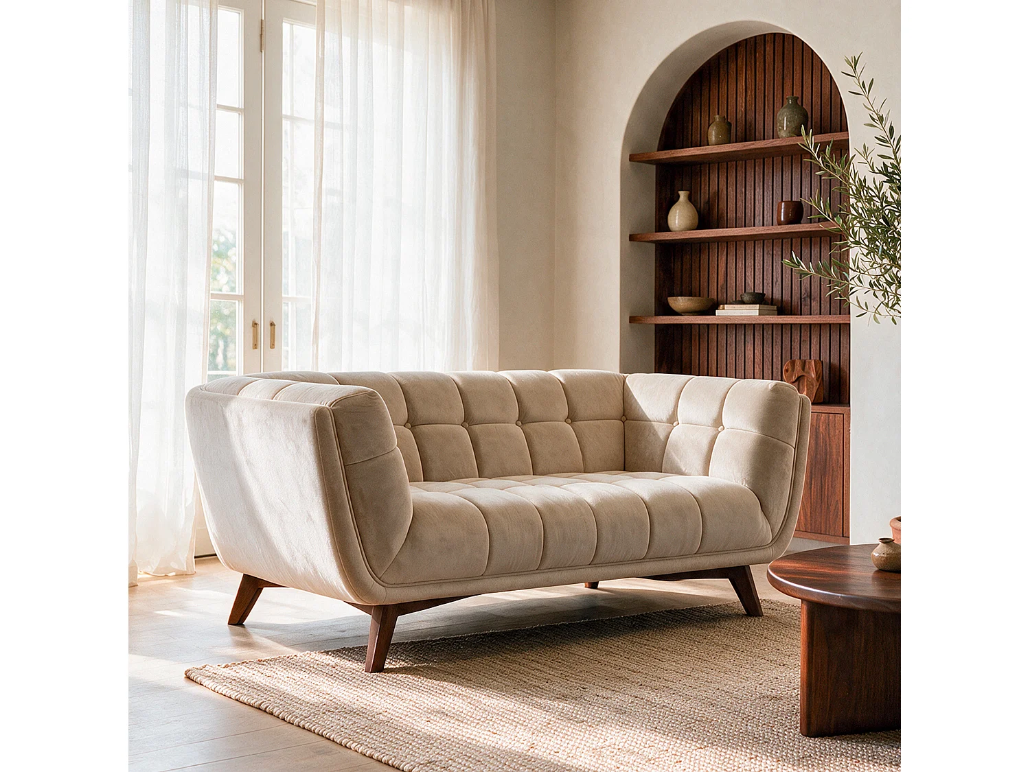 Canapé 2 places en velours capitonné beige MONA
