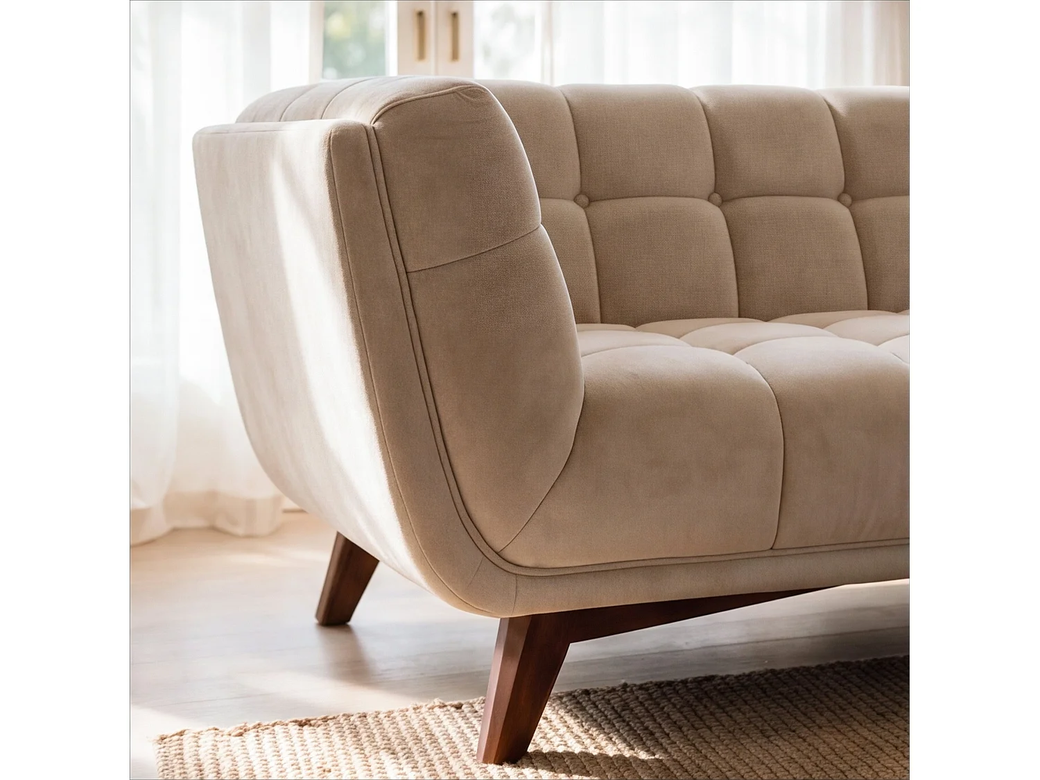Canapé 2 places en velours capitonné beige MONA
