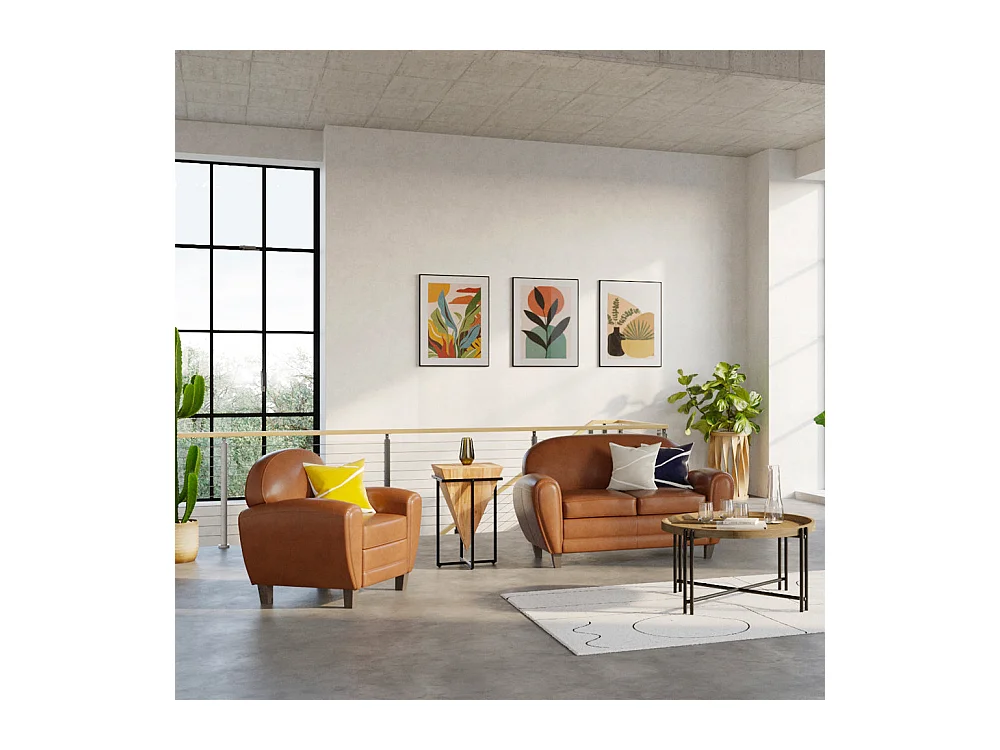 Divano a 2 posti in pelle rivestita color cammello - Club