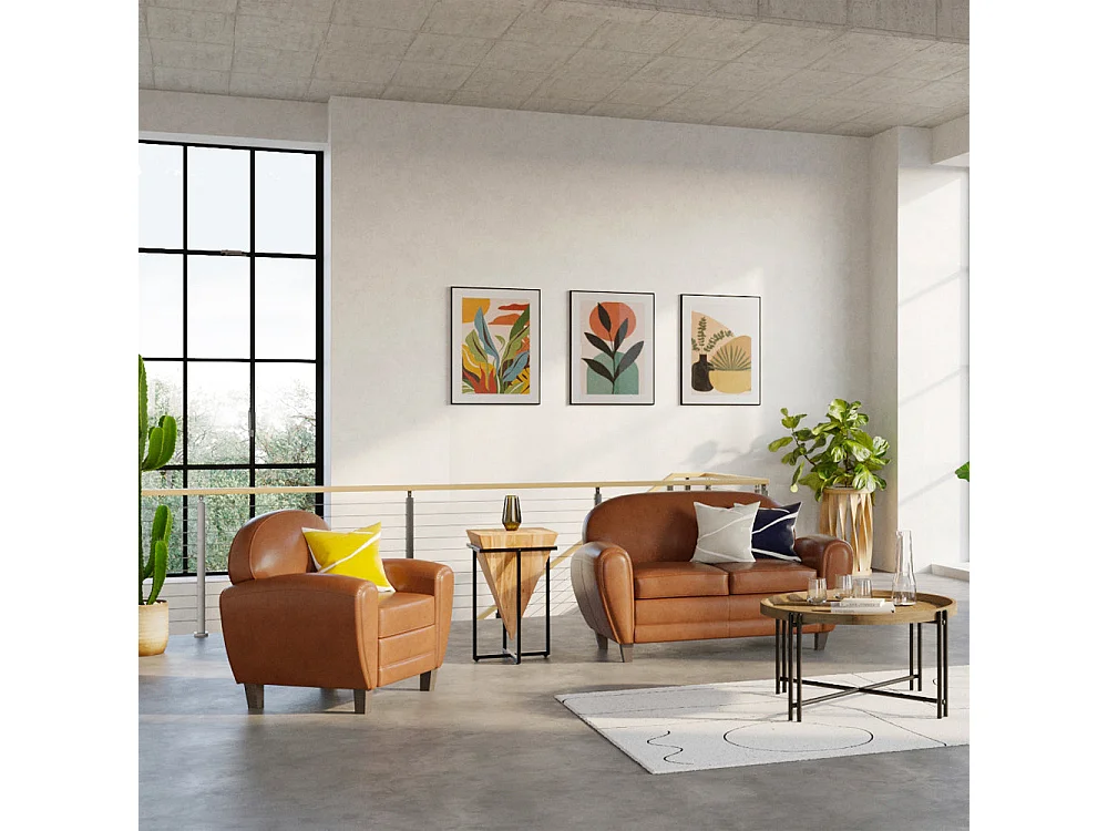 Canapé 2 places camel en croute de cuir enduite - Club