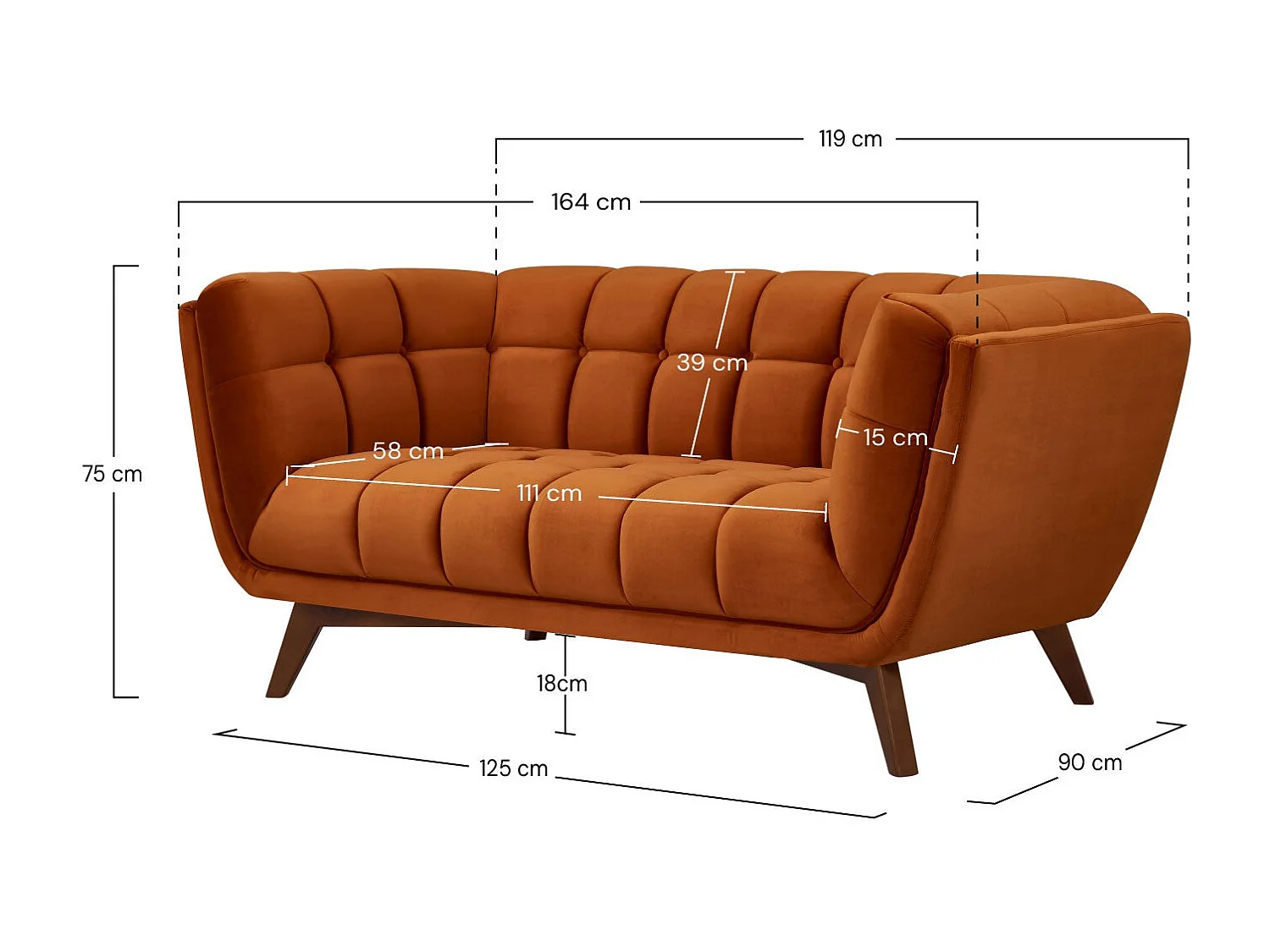 Canapé 2 places en velours orange curcuma - Mona