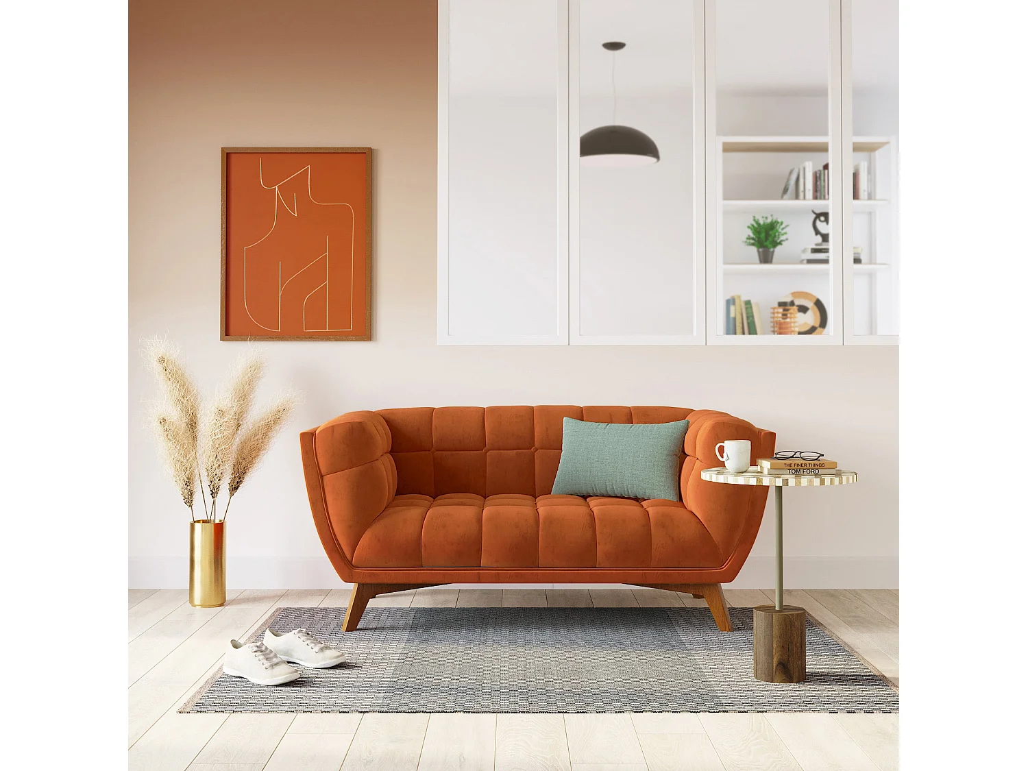 Canapé 2 places en velours orange curcuma - Mona