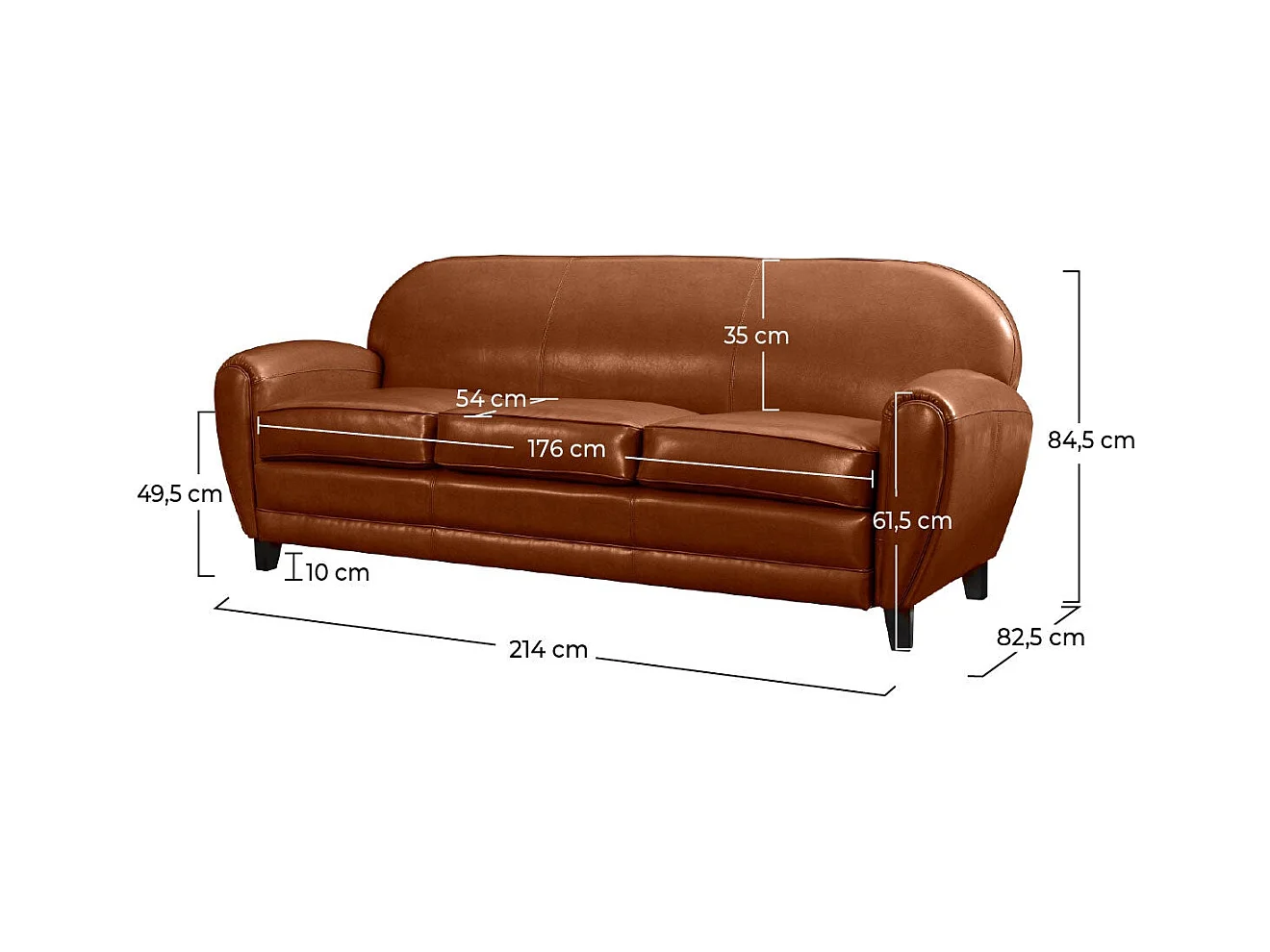 Divano a 3 posti Camel in pelle rivestita - Club