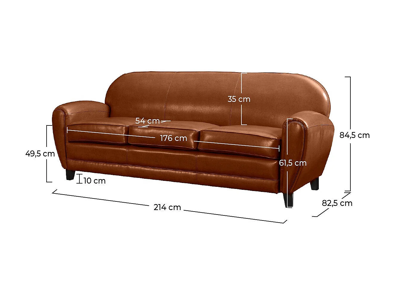 Canapé 3 places camel en croute de cuir enduite - Club