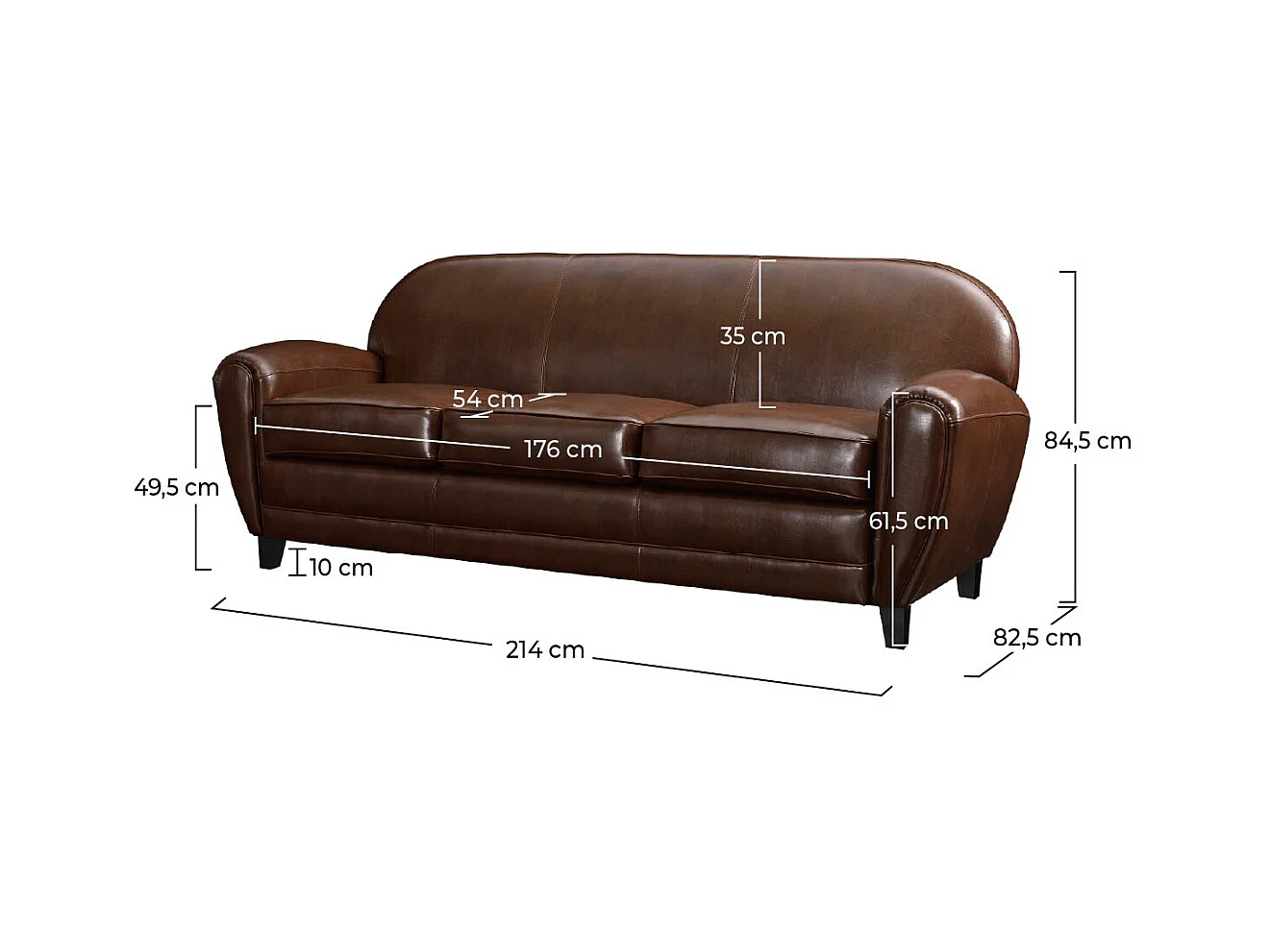 Sofá de 3 plazas en piel recubierta de color marrón - Club