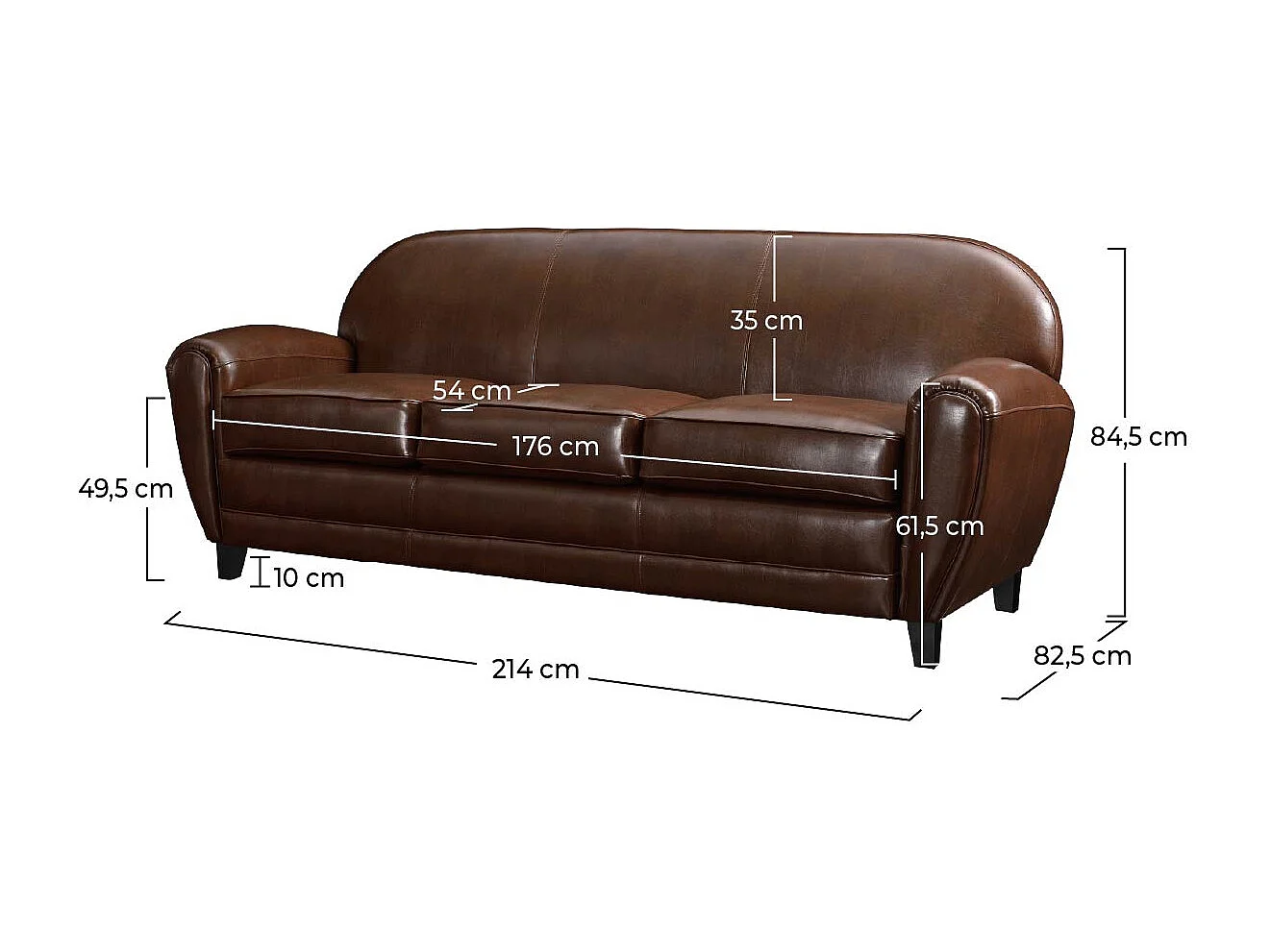 Sofá de 3 plazas en piel recubierta de color marrón - Club