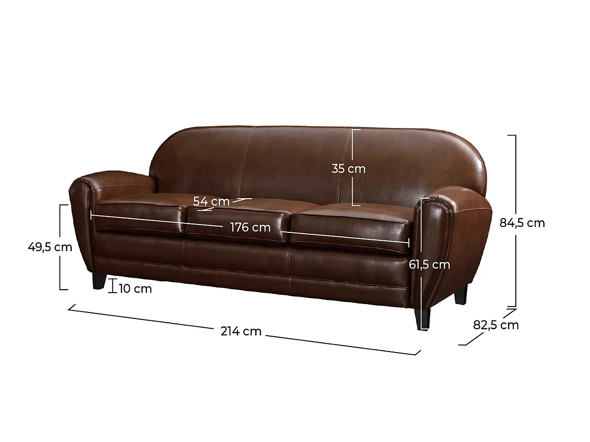 Sofá de 3 plazas en piel recubierta de color marrón - Club