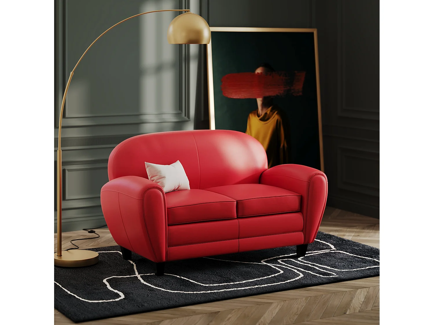 Canapé 2 places rouge en croute de cuir enduite - Club