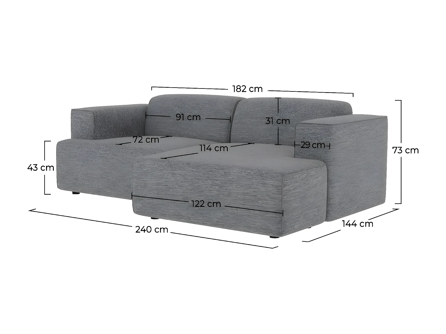 Canapé d'angle droit 3 places Aska en tissu gris foncé chiné